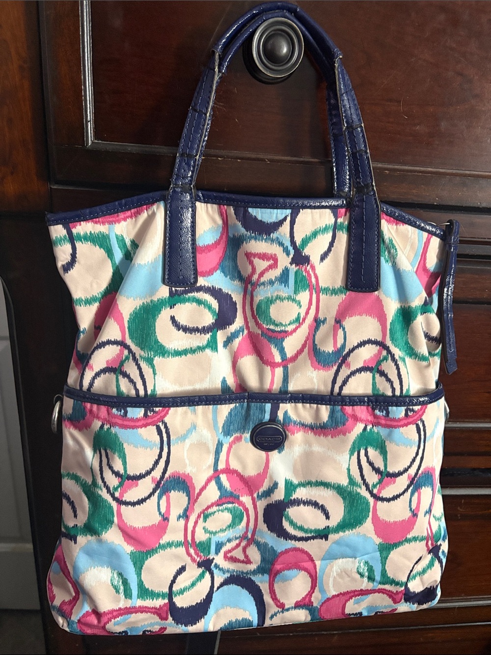 Vintage Coach Ikat Print Multicolor Swirl Tote with Navy Trim